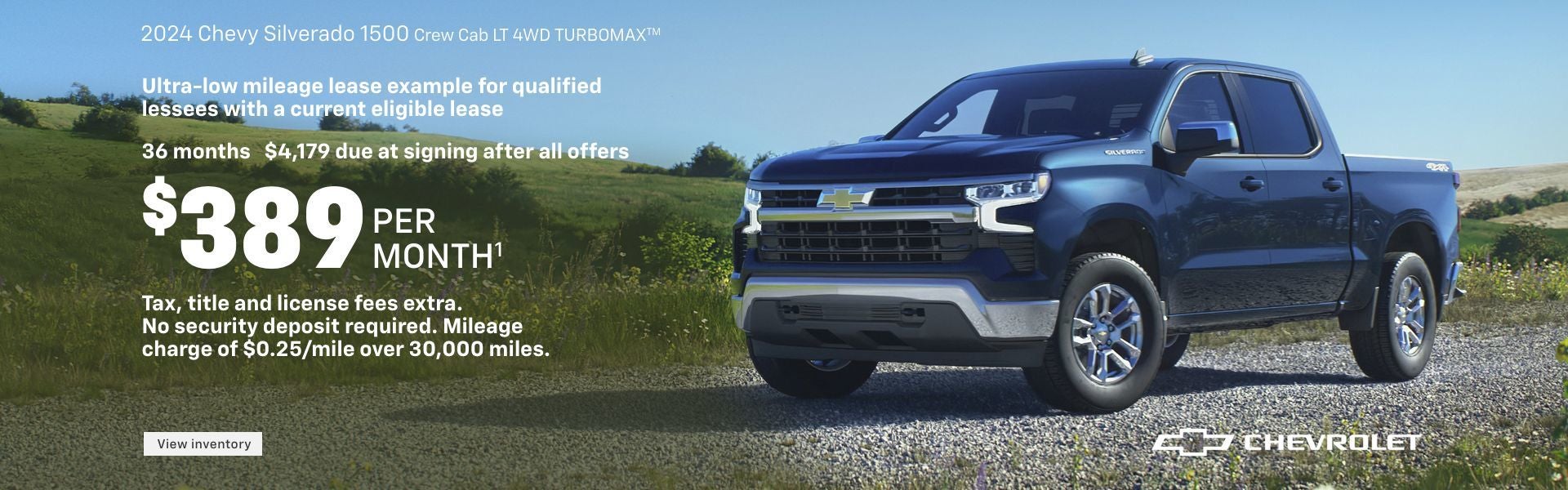 2024 Chevy Silverado 1500 Crew Cab LT 4WD Turbomax. Ultra-low mileage lease example for qualified...